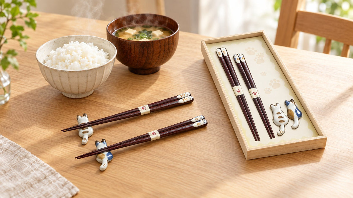Cat chopstick gift set with cat chopstick rests beside rice and miso soup on an oak table