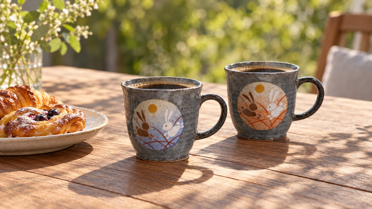 Kutani Jumping Rabbit pair mugs of coffee on an outdoor table with pastries