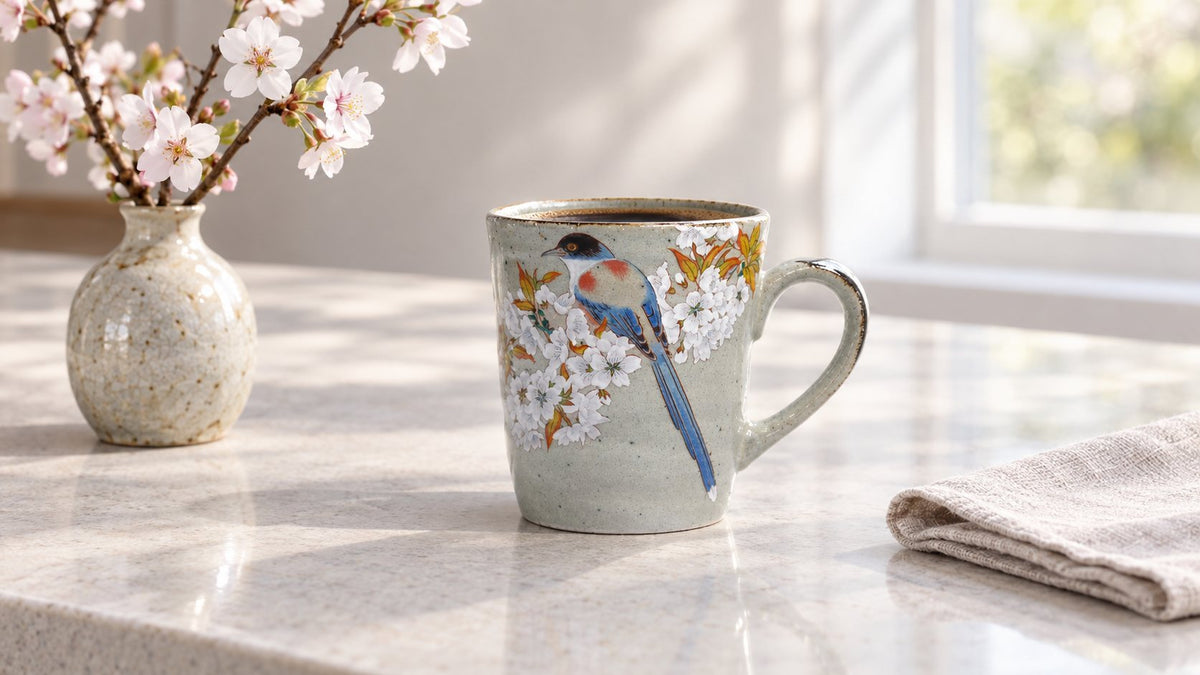 Kutani ware Kacho Fugetsu mug of coffee on a stone kitchen bench beside a vase of cherry blossom