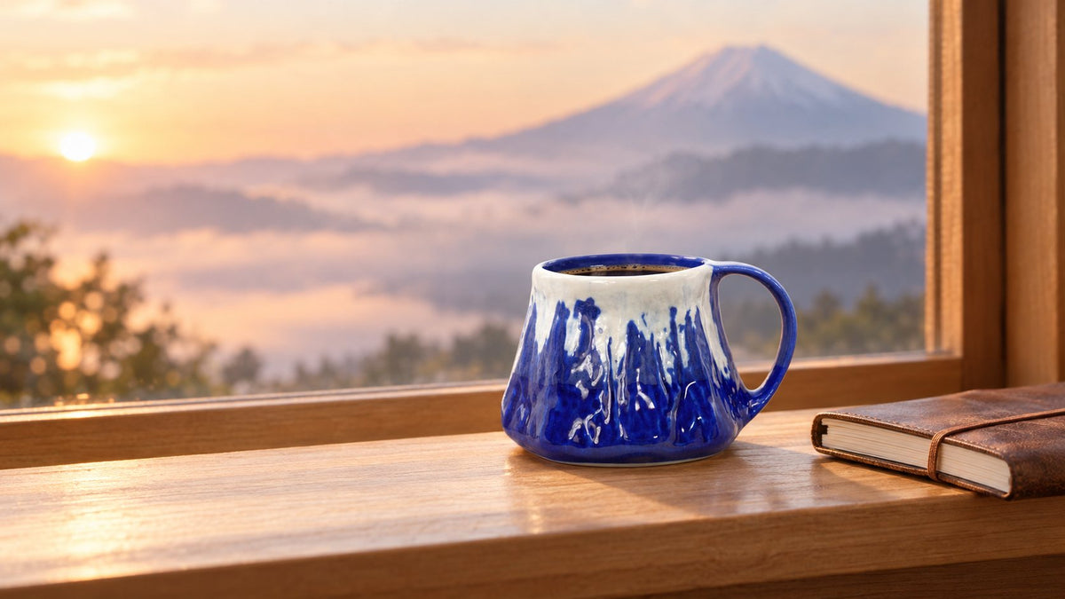Blue Mt Fuji mug of coffee on a windowsill with Mt Fuji at sunrise