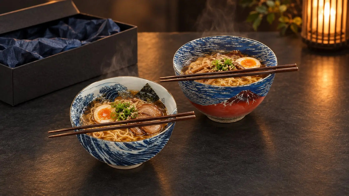 Hokusai Great Wave and Red Fuji rice bowls filled with ramen, with chopsticks and an open gift box