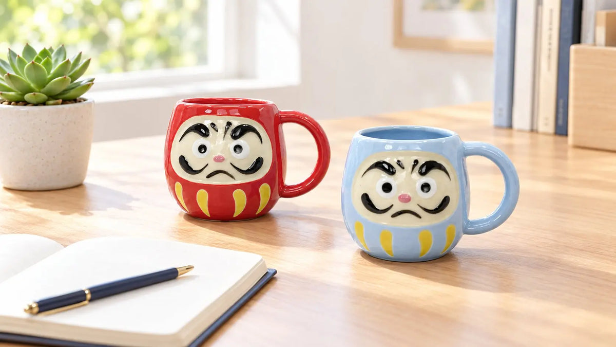 Red and blue daruma mugs on a home office desk beside an open notebook and a succulent