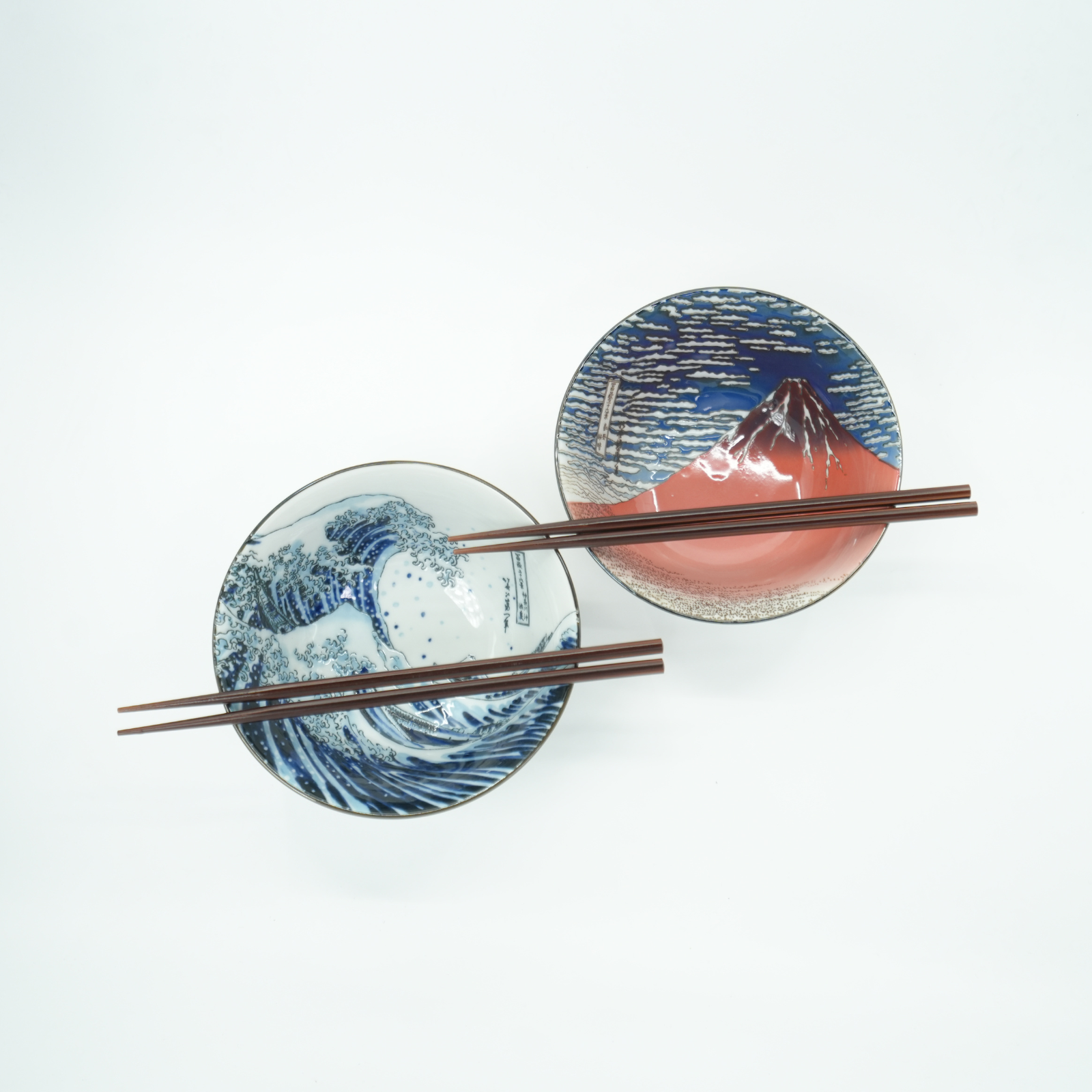 Hokusai Great Wave & Red Fuji Bowl Set With Chopsticks