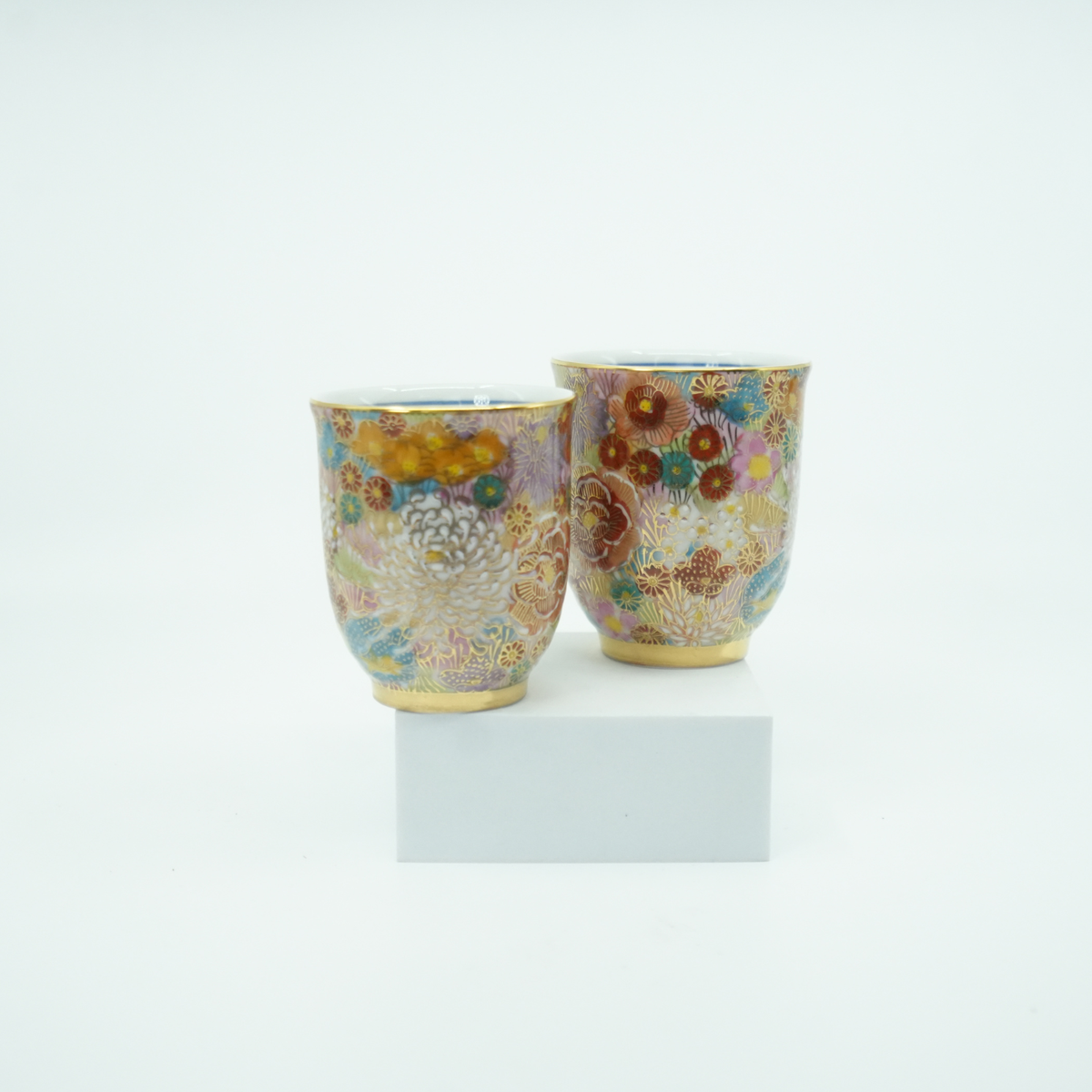 Kutani Ware Japanese Teacup Pair — Hanazume Gold Floral Yunomi