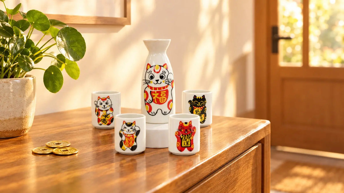 Maneki neko lucky cat sake set on a wooden sideboard near the front door with gold coins and a money plant