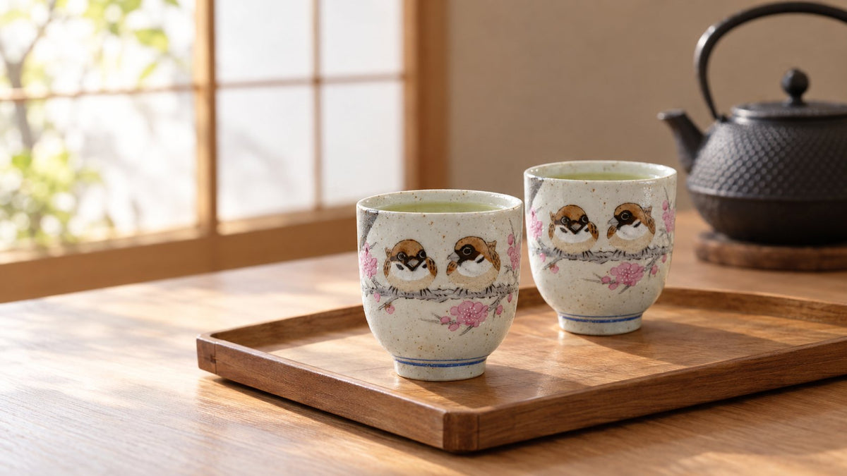 Two Kutani sparrow teacups of green tea on a wooden tray beside a cast-iron kettle