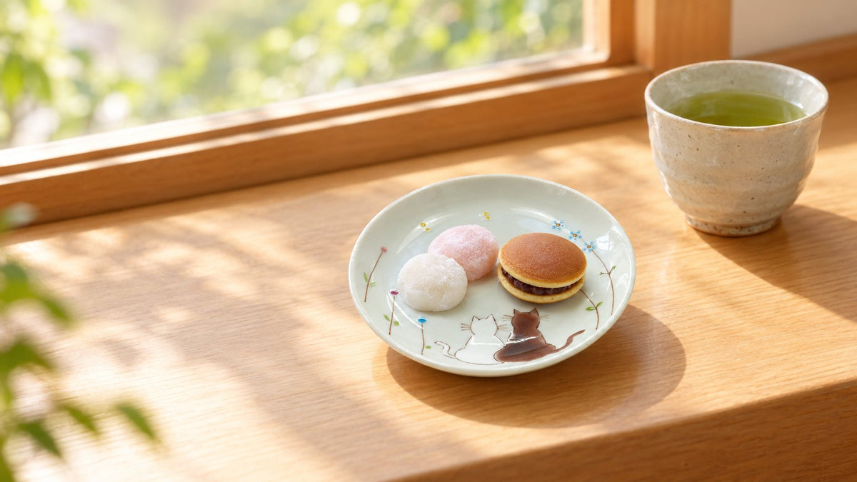 Atelier Yu Cats in a Sunny Spot Kutani small plate with mochi and dorayaki beside green tea