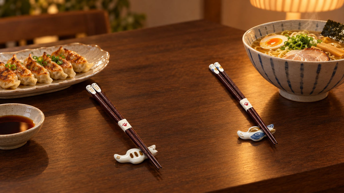 Lacquered cat chopsticks on cat chopstick rests beside gyoza and ramen on a walnut table
