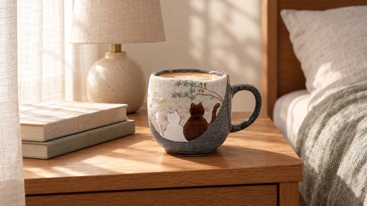 Atelier Yu Cats in a Sunny Spot Kutani mug of coffee on a bedside table in morning sun