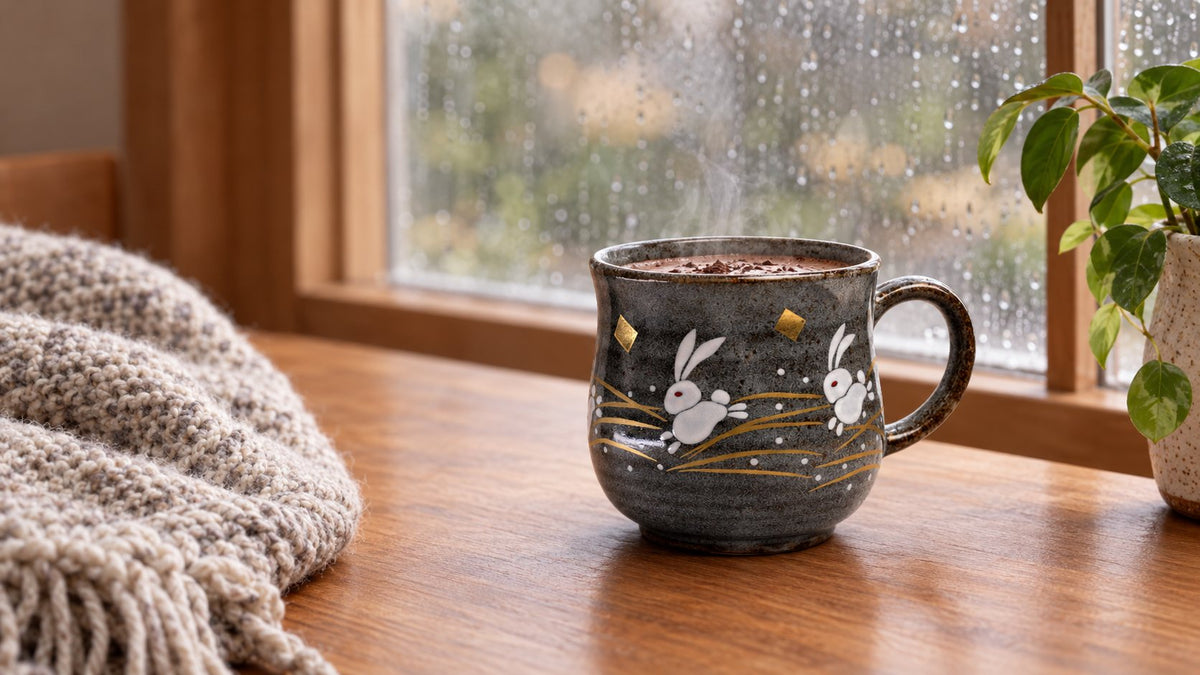 Kutani Jumping Rabbit mug of hot chocolate on a desk by a rainy window