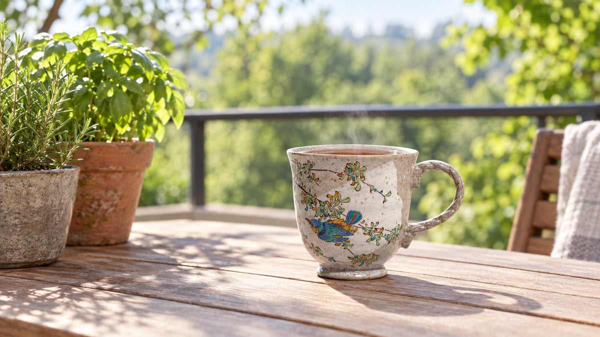 Kutani ware Lucky Bird mug of tea on a sunny balcony table with potted herbs