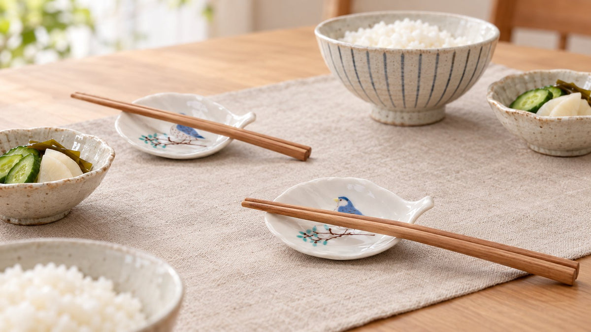 Bird-shaped Japanese chopstick rests holding wooden chopsticks at a set dinner table