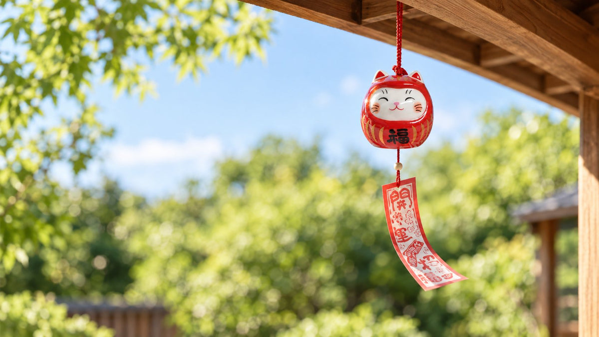 Nostalgic cat-style Japanese wind chime hanging from a verandah in summer