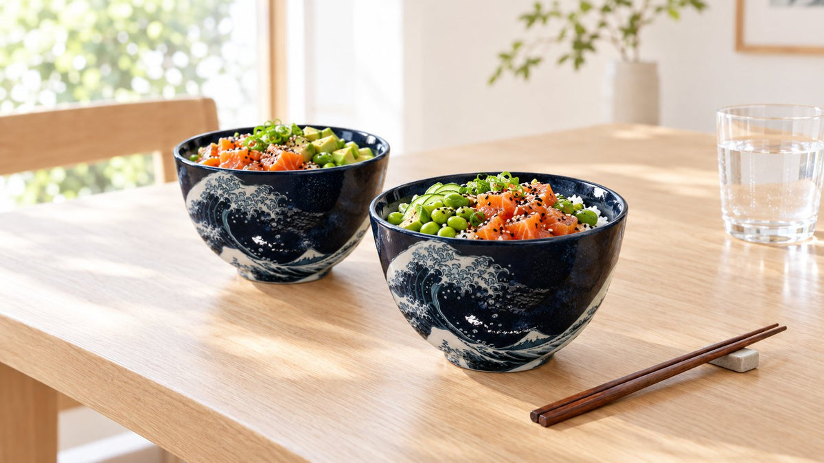 Two Hokusai Great Wave rice bowls filled with poke on a light oak table