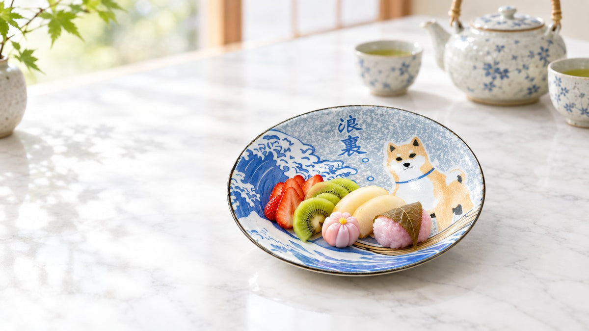 Shiba Inu x Great Wave plate serving fruit and Japanese sweets on a marble table