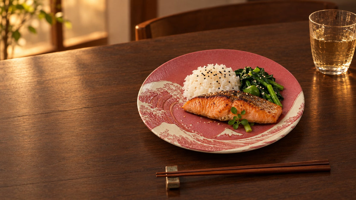 Red Kanagawa Great Wave 10-inch plate with grilled salmon, rice and greens