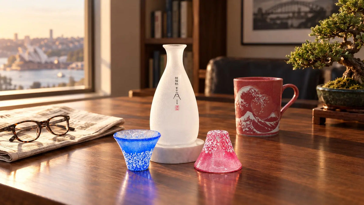 Mt Fuji cold sake set and red Great Wave mug on a timber desk with reading glasses and a bonsai, a Father's Day gift idea