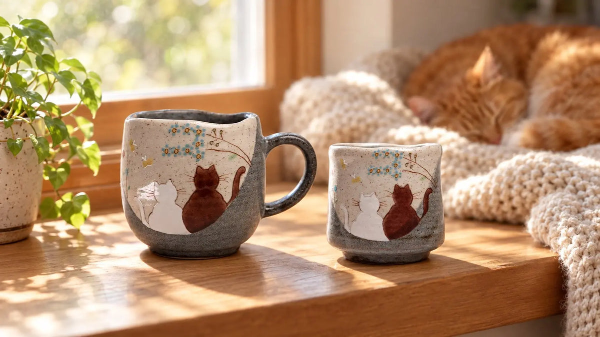 Atelier Yu Cats in a Sunny Spot Kutani mug and tea cup on a sunny windowsill with a sleeping ginger cat