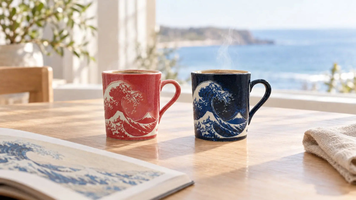 Red and blue Hokusai Great Wave mugs of coffee on a sunny table by the ocean beside an open art book