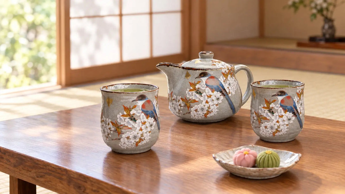 Kutani Kacho Fugetsu Japanese teapot and two cups of green tea on a low wooden table with wagashi sweets