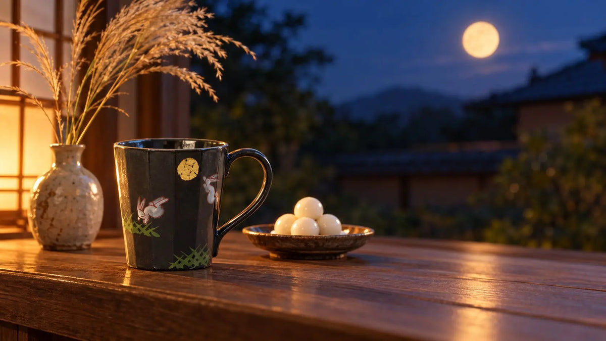 Kutani Jumping Rabbit Moon mug on a veranda at dusk with tsukimi dango and pampas grass under a full moon