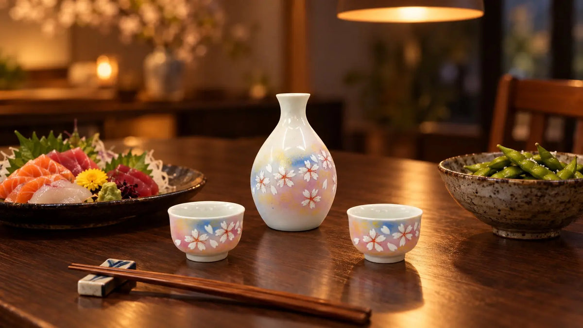 Kutani cherry blossom sake set on a dinner table with sashimi, edamame and chopsticks