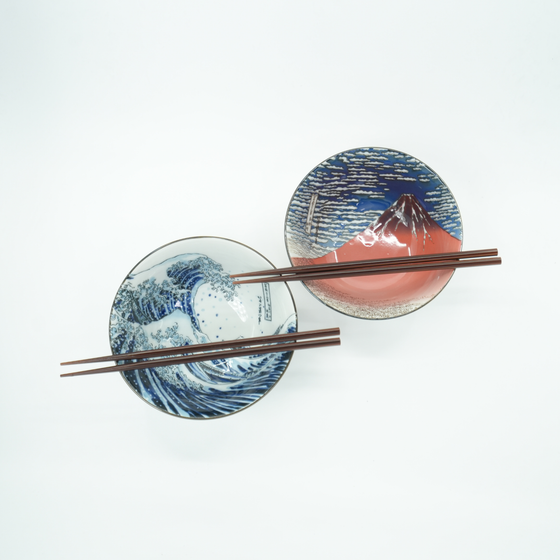 Hokusai Great Wave & Red Fuji Bowl Set With Chopsticks