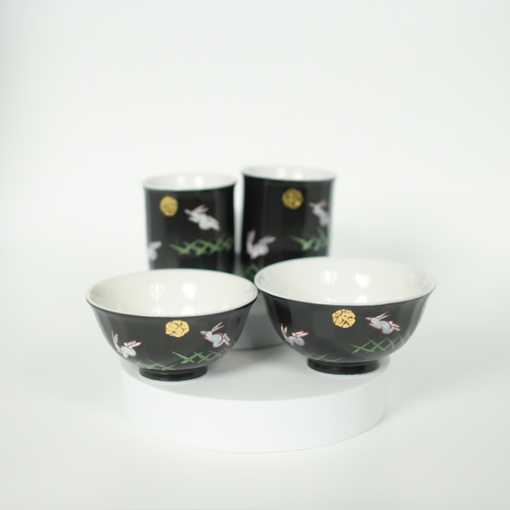 Kutani Ware - Jumping Rabbit Moon Rice Bowl & Teacup Gift Set