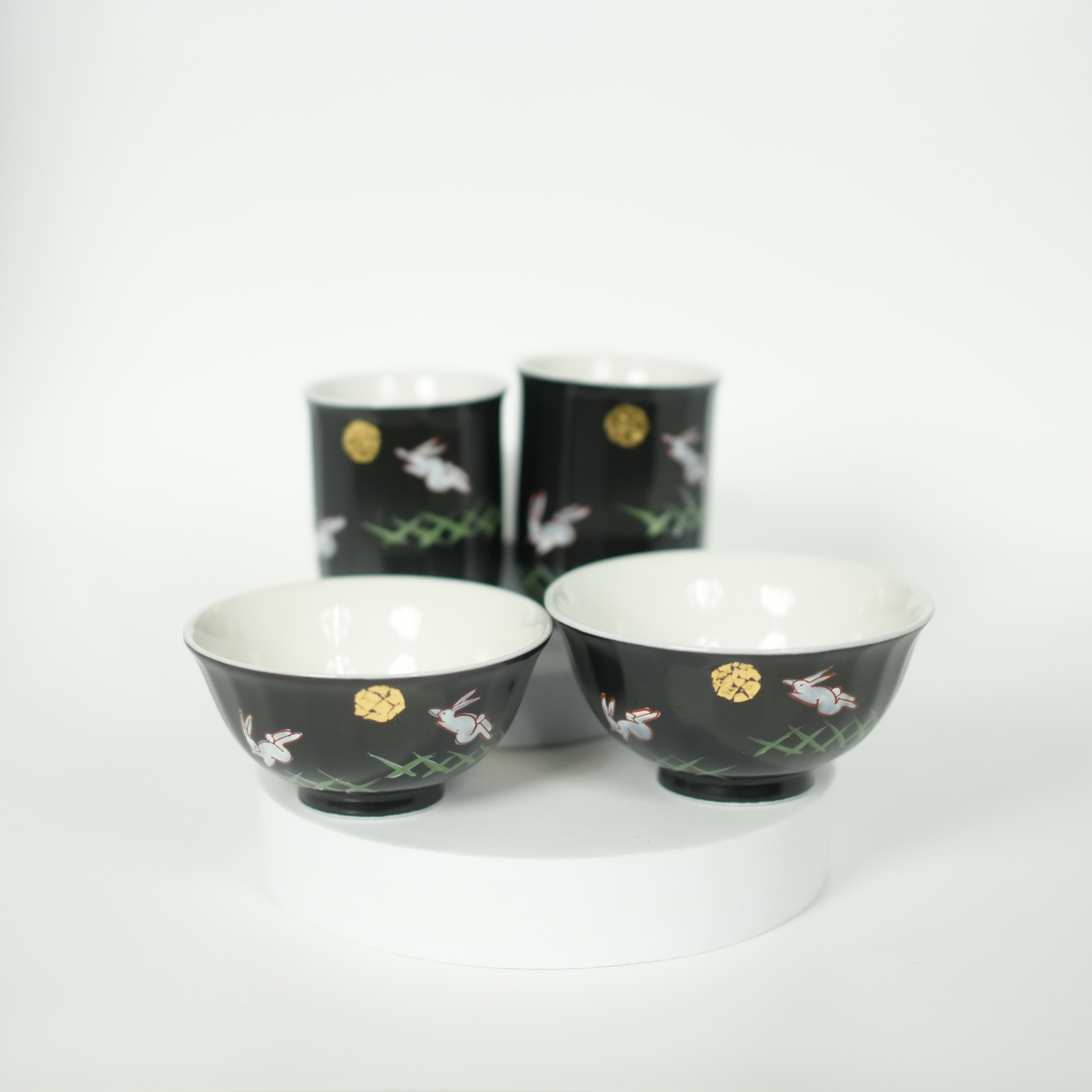 Kutani Ware - Jumping Rabbit Moon Rice Bowl & Teacup Gift Set