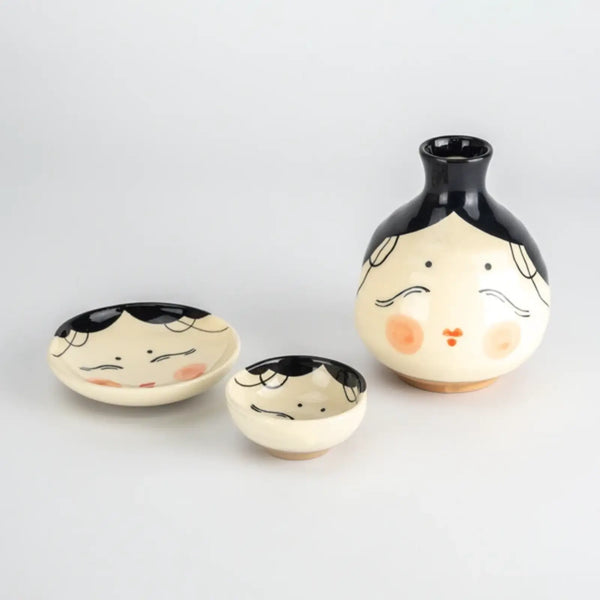 Otafuku Lucky Goddess Sake Set Mino Ware