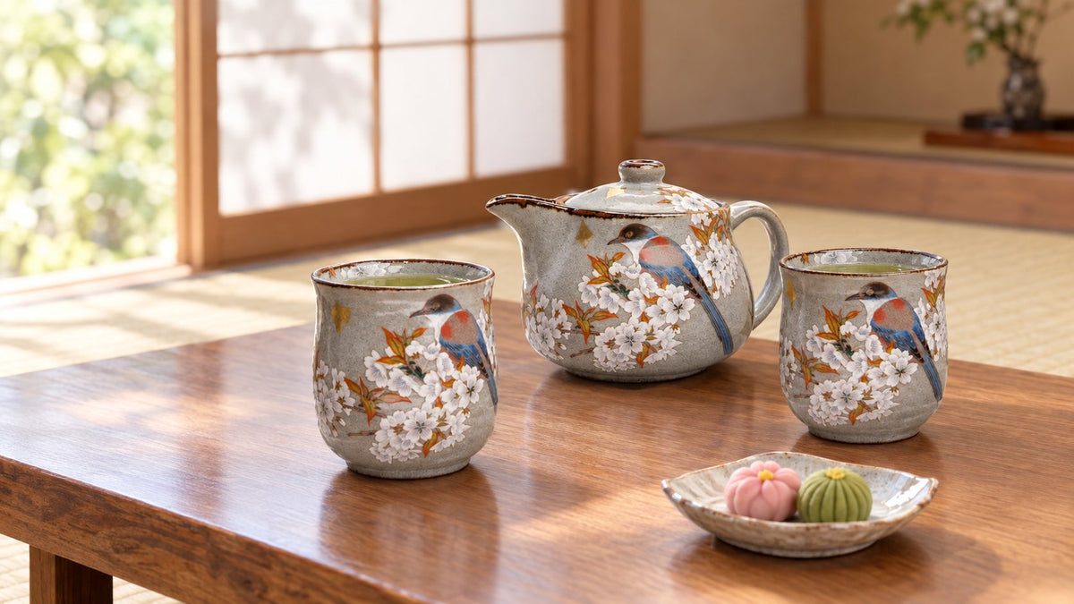Kutani Kacho Fugetsu Japanese teapot and two cups of green tea on a low wooden table with wagashi sweets