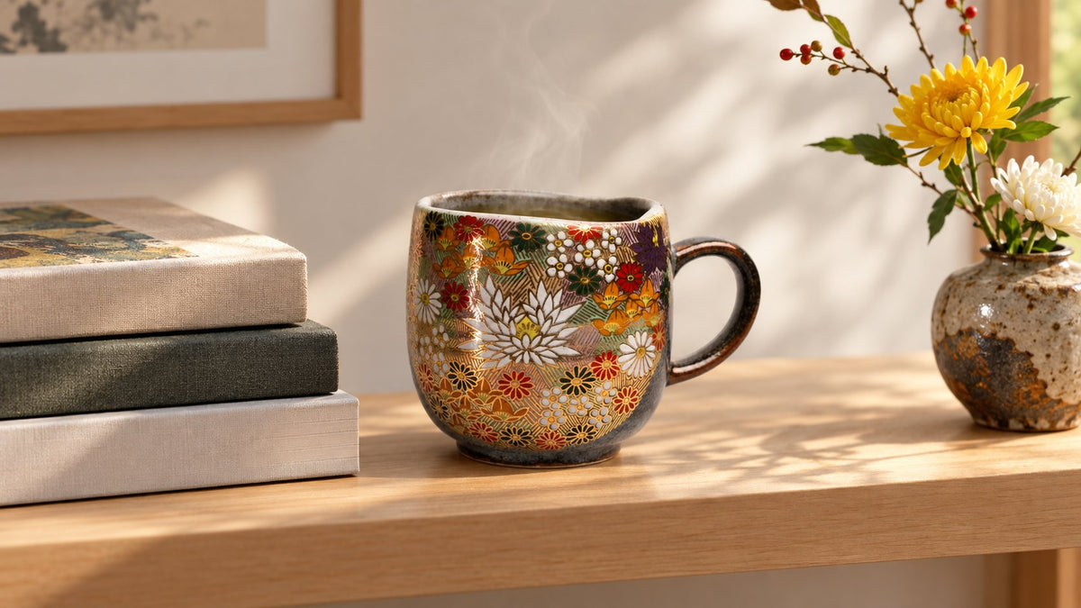 Kutani ware Hanazume mug with hand-painted chrysanthemums and gold on a timber shelf beside books and ikebana